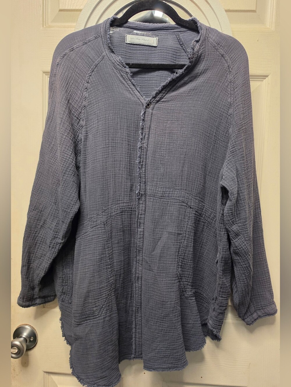 Free People Lightweight Frayed-Edge Button Front Shirt Jacket in Dusty Blue